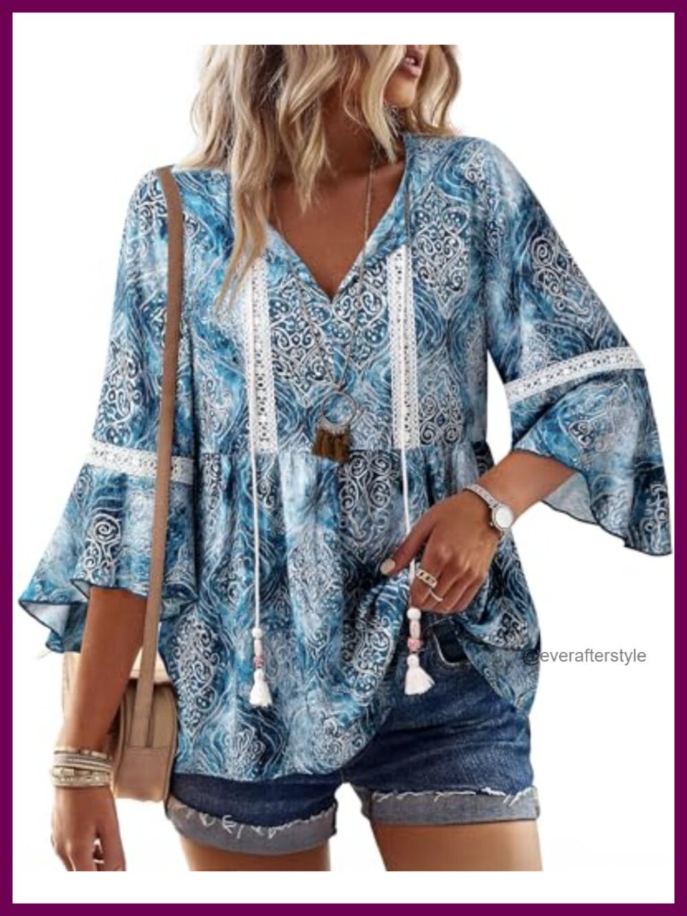 Womens Boho Peasant Tunic Top Lace V Neck 3/4 Ruffle Sleeve Flowy Blouse